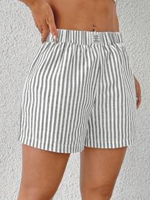SHEIN EZwear Pantalones cortos casuales de mujer a rayas grises y blancas, para verano