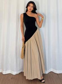 Chiquease 1 件女式无袖单肩褶饰设计连衣裙 - 黑色 - 查看 5