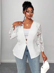 Maweii Plus Size Women Elegant Lace Patchwork Receive Waist A Swing Suit , Spring Summer Graduation,Back To School,Teacher Outfits For Women - White - View 2