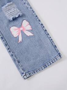 Sparklyn 女童蝴蝶结直筒牛仔裤，春季新款少女长裤，四季女童休闲阔腿裤，少女 - 淺色水洗藍 - 查看 4