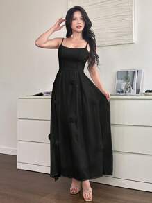 Modelyn 2 件套女士套装：3D 花朵装饰束腰吊带连衣裙，搭配短袖上衣 - 黑色 - 查看 3