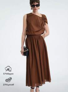 Aalyst Completo da donna elegante, in stile francese semplice e di fascia alta, adatto per l'ufficio e il tempo libero, composto da una camicia senza maniche in tessuto semi-trasparente viscosa-simile con fiocco asimmetrico e una gonna lunga plissettata in vita alta con tasche, per la primavera/estate