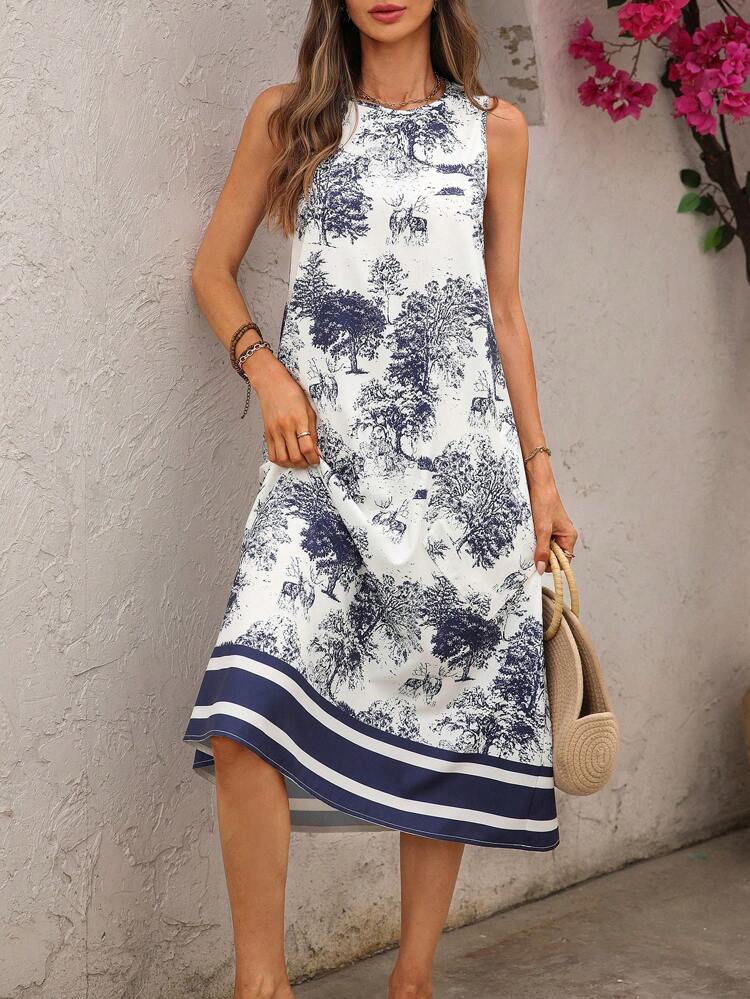 Women's Summer Round Neck Camisole A-Line Dress With Dual Pockets Summer Dresses For Women,Bohemian Clothes