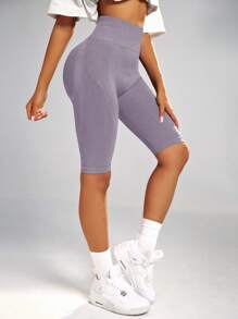 Easithlete Women's Solid Color Seamless High Elastic Casual Sports Shorts, Summer - Rust Brown - View 3