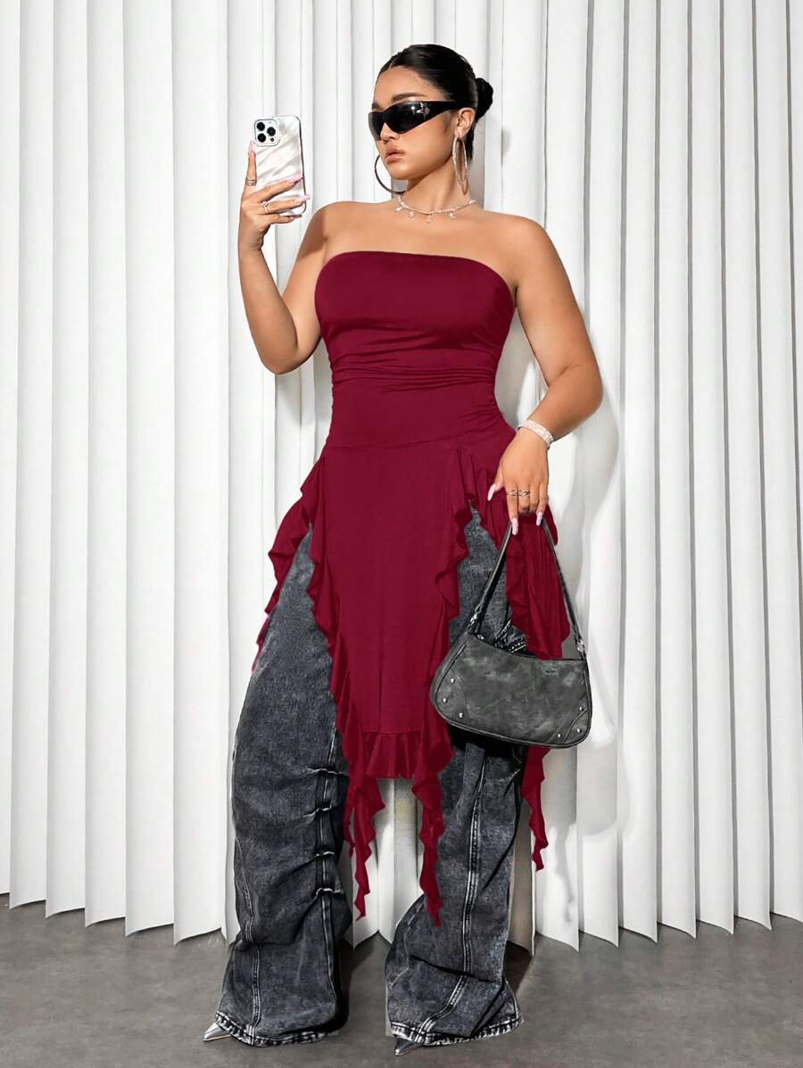 SHEIN ICON Plus Size Strapless Jellyfish Hem Crop Top, Suitable For Summer Wear - Burgundy - View 1