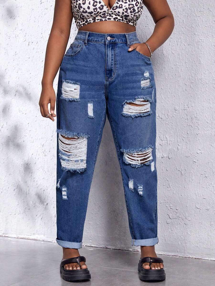 SHEIN SXY Plus Size Minimalist Solid Color Distressed High Waist Jeans, Suitable For Everyday Wear