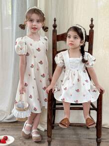 SHEIN LMoss Kids Abito smanicato da ragazza con stampa floreale e block color, adatto per l'estate