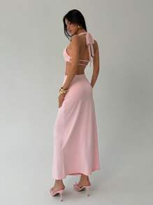 Aloruh Vestido maxi rosa de malla transparente y elegante con escote en V profundo y ajustado al Body, para mujer. Vestidos de verano, vestidos de graduación, vestidos de playa, vestidos de invitada de boda, atuendos de vacaciones para mujer - Rosa Pálido - Ver 2
