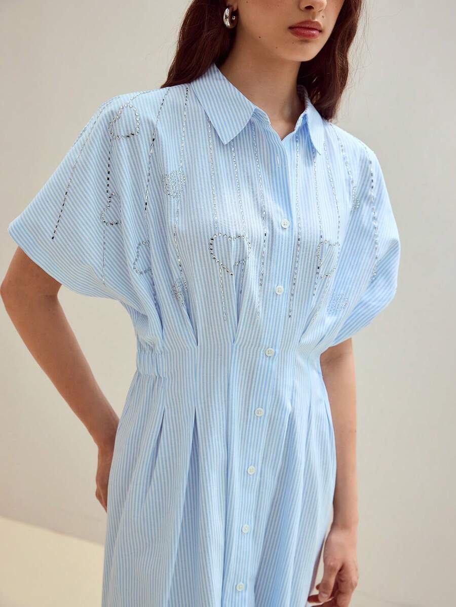 MOTF STUDIO 条纹印花水钻细节连衣裙 - 藍白色 - 查看 2