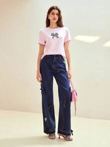 MOTF STUDIO RHINESTONE DETAIL BOW EMBROIDERY T-SHIRT,VALENTINE'S DAY