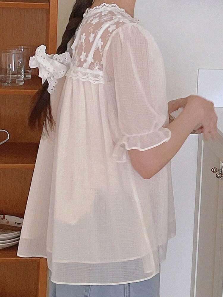 Women Lace Contrast Mesh Long Sleeve Blouse