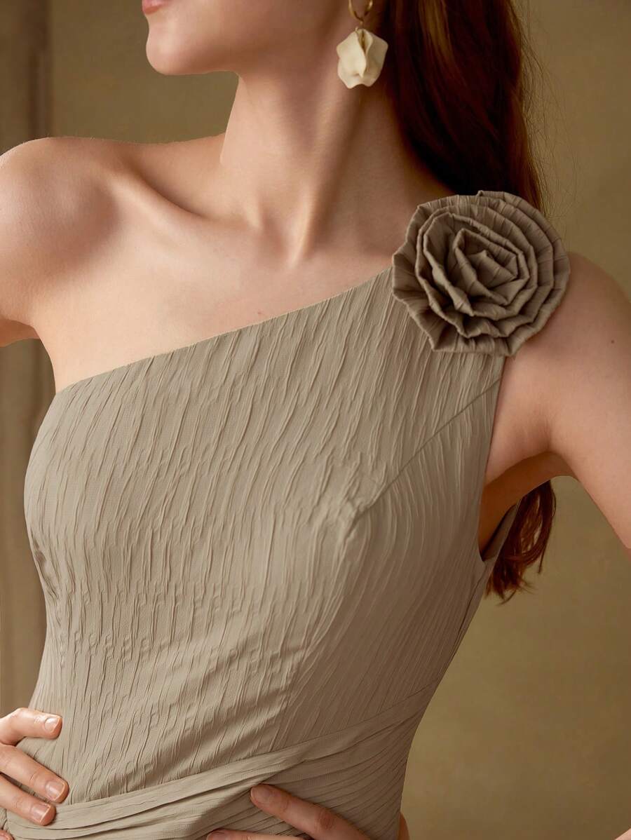 MOTF PREMIUM ASYMMETRICAL NECK STEREO FLORAL DETAILED DRESS - Khaki - View 2