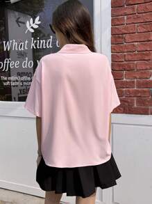 SHEIN قميص مريح بتصميم ياقة مطرزة وعقدة مناسب للمراهقات بقصة واسعة وكاجوال