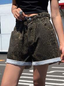 DAZY Loose Straight Rolled Cuff Women's Denim Shorts, Holiday Style Jorts - Brown - View 3