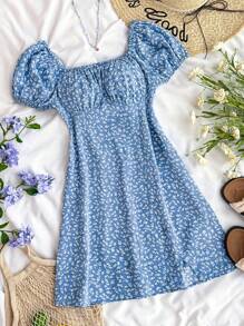 SHEIN 少女蓝色度假迷你连衣裙，白色波尔卡圆点，泡泡袖，A 字形，侧开衩，夏季连衣裙，柔和色调连衣裙 - 藍白色 - 查看 1