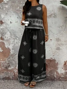 EMERY ROSE 2pcs/Set Plus Size Leisure & Resort Style Fashion Outfit, Suitable For Summer - Black - View 3