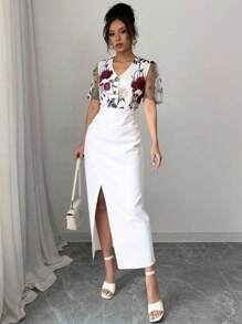 Breezaya Lace Mesh Patchwork Rose Slit Casual Commute Vacation Chiffon Dress For Women, Spring/Summer - Multicolor - View 1