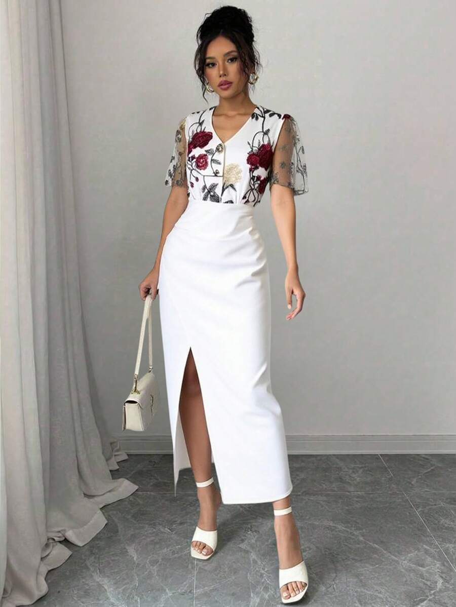 Breezaya Lace Mesh Patchwork Rose Slit Casual Commute Vacation Chiffon Dress For Women, Spring/Summer - Multicolor - View 1