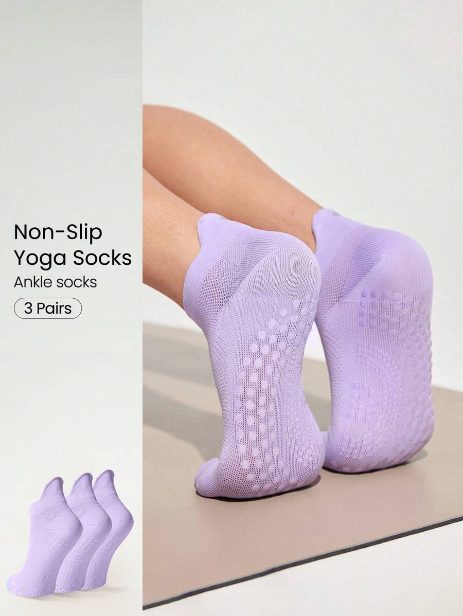 GLOWMODE 3 Pairs Socks Walk A Mile Soft Ventilated Mesh Grip Studio Workout Daily Gym - Lilac Purple - View 1