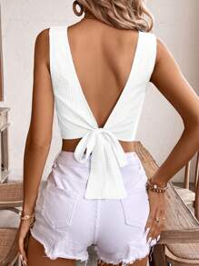 SHEIN Frenchy 女士夏季蓝白条纹露背系带衬衫 - 白色 - 查看 3