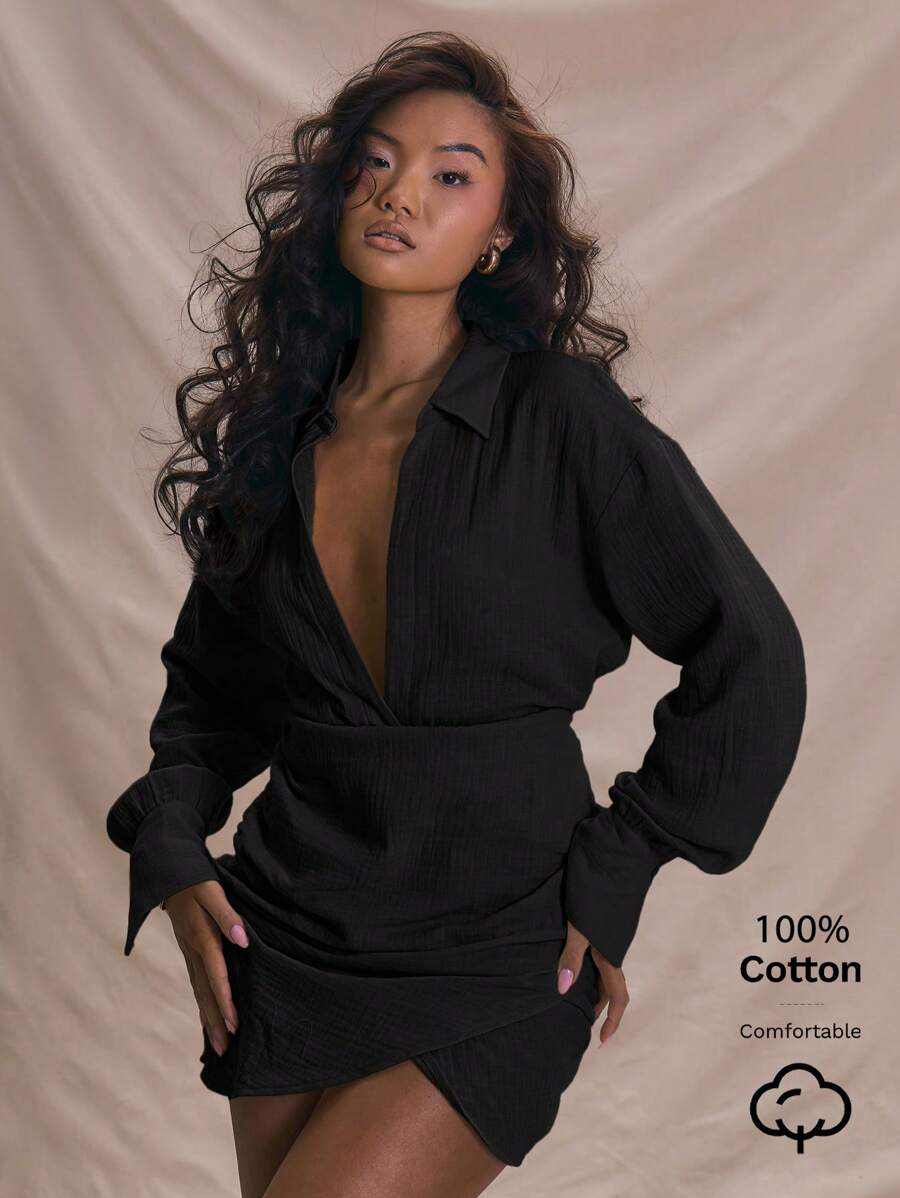 MUSERA Woven Long Sleeve Collar Ruched Mini Dress Ibiza Concert Holiday Fall Night Out Birthday Night Out Date Night Grunge Fall  Elegant Summer