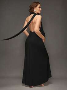 SHEIN Solid Color Long Slim-Fit Maternity Gown With Tie Back For Photoshoot - Black - View 4