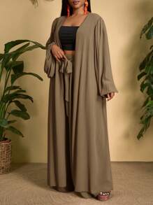 Slaydiva Conjunto informal versátil y sencillo de 2 piezas en blanco, talla grande, para 2025 - Blusa con manga farol + Pantalón ancho/holgado/fluido para primavera