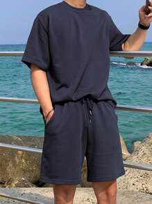 DAZY Set de 2 camisetas azul marino sólidas para hombre, de verano