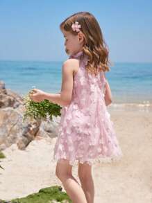 SHEIN Young Girl's Stand Collar Mesh Floral Casual Loose Halter Dress