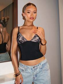 SHEIN BAE 女士夏季蕾丝拼接性感露背吊带背心 - 黑色 - 查看 1