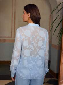 ZEYLAH 镂空花卉蕾丝边优雅长袖衬衫 - 藍色 - 查看 3