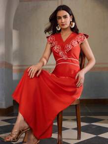 ZEYLAH Fashion Linen Embroidered Collar Summer Dress - Burnt Orange - View 6