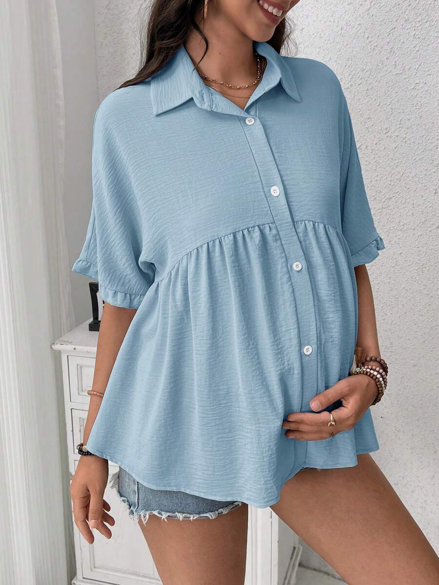 SHEIN 孕妇休闲纯色蝙蝠袖夏季衬衫 - 淺藍色 - 查看 1