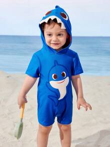 BABY SHARK X SHEIN 男婴可爱鲨鱼图案连帽蓝色短袖连衣裤 - 藍色 - 查看 4