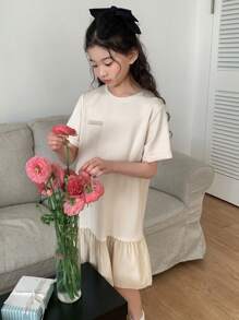 Dazy Kids Tween Girl Ruffle Hem Round Neck Short Sleeve Summer Dress,Back To School Clothes - Apricot - View 3