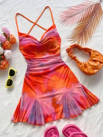 Soleia Tie Dye Tie Strap Open Back Butterfly Tie Hem Mini Dress For Women, Vacation, Date, Afternoon Tea, Holiday, Music Festival, Beach, Summer Outfit, Boho, Crochet, Linen,Bohemian Clothes