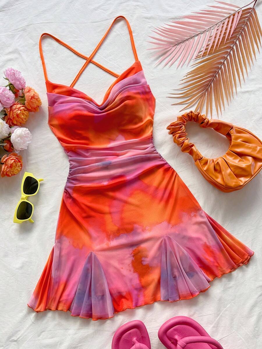 Soleia 彩色扎染细肩带露背系带蝴蝶结喇叭下摆迷你连衣裙，适合节日、约会、下午茶、度假、音乐节、海滨、夏季、波西米亚风、度假、钩针编织、亚麻布， - 彩色 - 查看 1