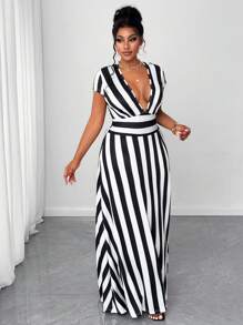 Maweii Plus Size Summer Fashion Color Block Striped High Slit Dress - Multicolor - View 6