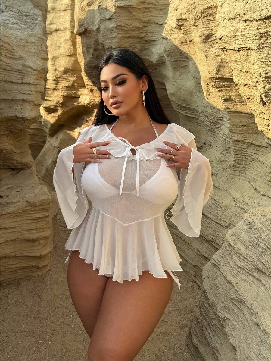 Swim SXY Plus Size Solid Color Ruffle Tie Front Sheer Long Sleeve Cover Up Coverup For Summer Beach Vacation - White - View 1