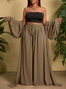 Slaydiva Conjunto informal versátil y sencillo de 2 piezas en blanco, talla grande, para 2025 - Blusa con manga farol + Pantalón ancho/holgado/fluido para primavera