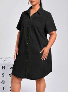 EMERY ROSE Vestido vaquero de manga corta y abotonado al frente, de color liso y talla grande, apropiado para el verano