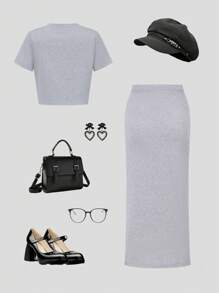 2pcs Striped Knit Crop Top And Midi Skirt Suit, Casual Daily Outfit For Teen Girl - Grey - View 2