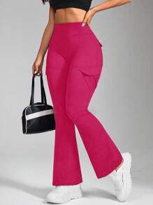 Core Rhythm Pantalones deportivos casuales de mujer de cintura elástica, de color liso, con vuelo y bolsillos tipo cargo