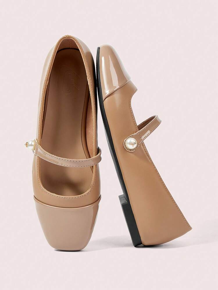 CUCCOO DOLLMOD Fashionable Apricot Round Toe Faux Pearl Decor Strap Ballet Flats, Comfortable For Commuting, Party, Shopping, Vacation For Christmas Spring Shoes