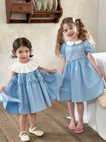 LMoss Kids LMoss  Baby Girl Woven Color Block Crew Neck Sleeveless Fitted Casual Dress  Setsisters Outfit - Blue - View 5
