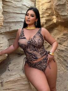 Swim SXY Ensemble de maillot de bain tankini à capuche à cordon de serrage imprimé léopard pour femmes grande taille