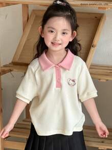 DAZY HELLO KITTY | DAZY Young Girl Collared Color Block Print Knit Short Sleeve T-Shirt, Spring/Summer For Young Girl