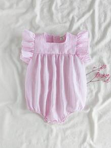 SHEIN Vintaside Kids Baby Girls' Square Collar Striped Ruffle Trim Bodysuit - Pink - View 4