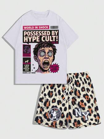 Set de 2 piezas compuesto por camiseta de manga corta con gráfico de retrato y letra para hombre, y shorts con cordón en la cintura y estampado total