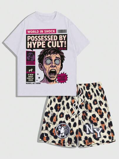 مجموعة من قطعتين بلوزة تي شيرت بأكمام قصيرة مع طباعة صورة شخصية وحرف وشورت بخصر بحبل شد مطبوع بالكامل للرجال